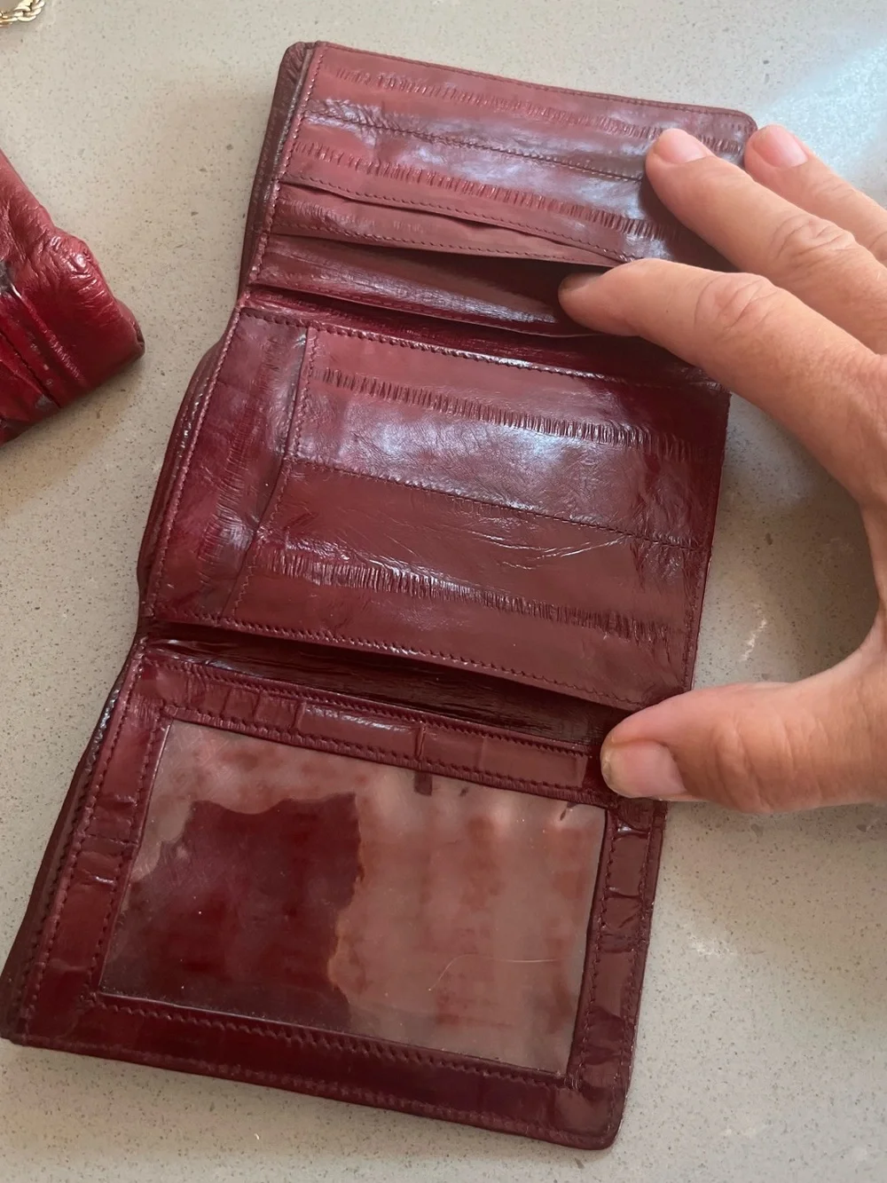 Vintage Genuine Eel Skin Clutch Cocktail Purse Chain Strap Wallet Burgundy Korea